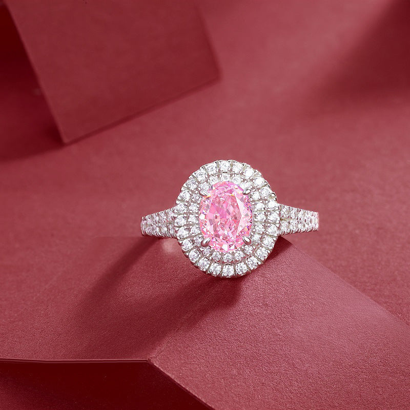 Twilight Bloom Oval Cut High Carbon Diamond Statement Ring, Pink Lab-Grown High Carbon Diamond Double Halo Ring