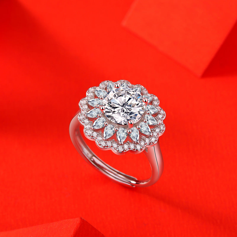 Dahlia Round Cut Halo 2 Carat Moissanite Diamond Engagement Ring , Floral Pear and Round Shape Diamond Cluster Setting Engagement Ring