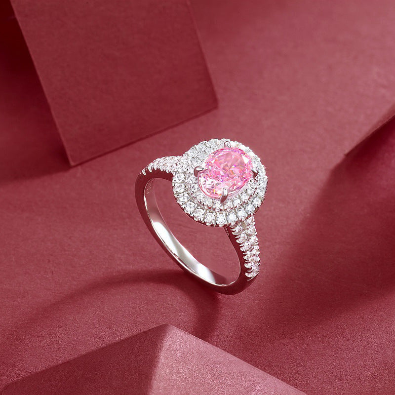 Twilight Bloom Oval Cut High Carbon Diamond Statement Ring, Pink Lab-Grown High Carbon Diamond Double Halo Ring