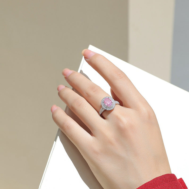 Twilight Bloom Oval Cut High Carbon Diamond Statement Ring, Pink Lab-Grown High Carbon Diamond Double Halo Ring