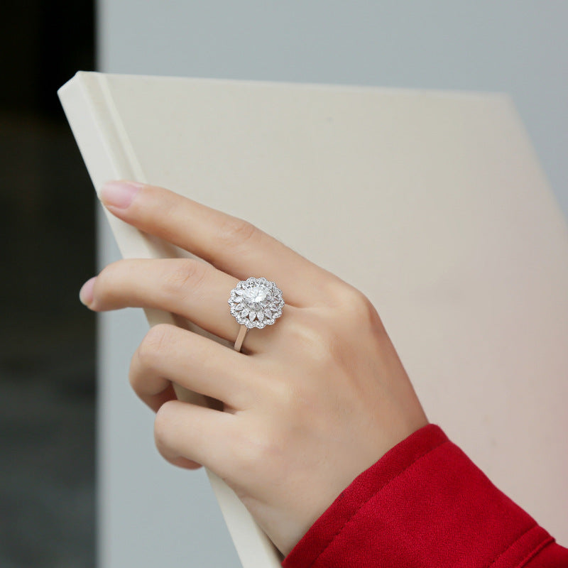 Dahlia Round Cut Halo 2 Carat Moissanite Diamond Engagement Ring , Floral Pear and Round Shape Diamond Cluster Setting Engagement Ring