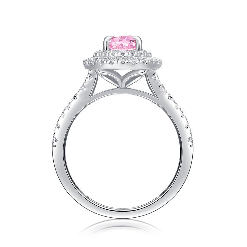 Twilight Bloom Oval Cut High Carbon Diamond Statement Ring, Pink Lab-Grown High Carbon Diamond Double Halo Ring