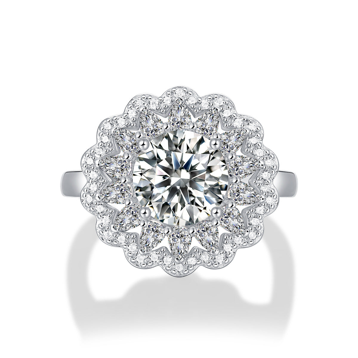Dahlia Round Cut Halo 2 Carat Moissanite Diamond Engagement Ring , Floral Pear and Round Shape Diamond Cluster Setting Engagement Ring