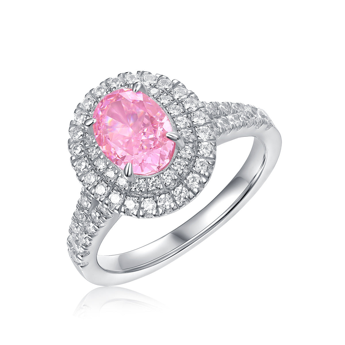 Twilight Bloom Oval Cut High Carbon Diamond Statement Ring, Pink Lab-Grown High Carbon Diamond Double Halo Ring