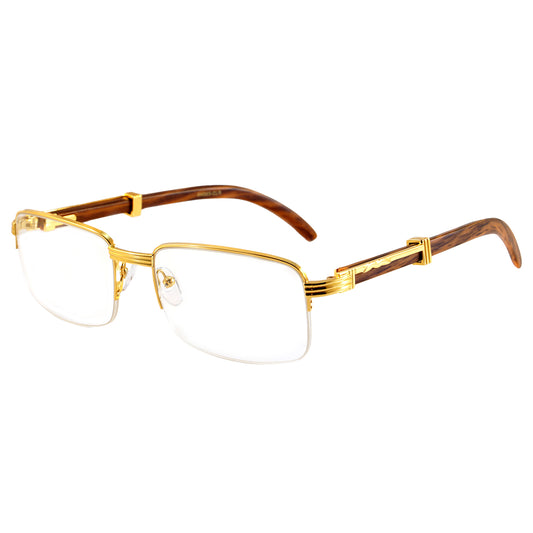 Classic Gold Reading Glasses For Men, Wood Grain Designer Reader, Semi-Rimless Frame, 1.5-3.0 Strength