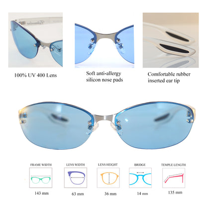 Semi-Rimless Azure Blue Tinted Wrap Sunglasses