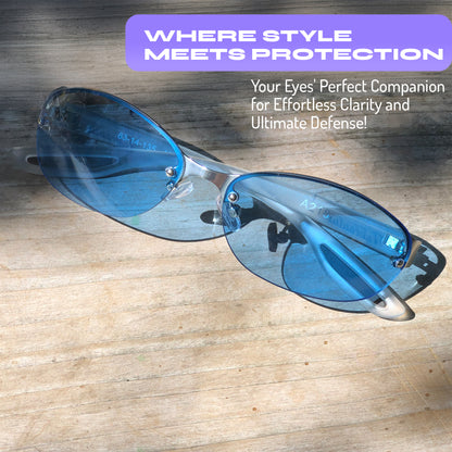 Semi-Rimless Azure Blue Tinted Wrap Sunglasses