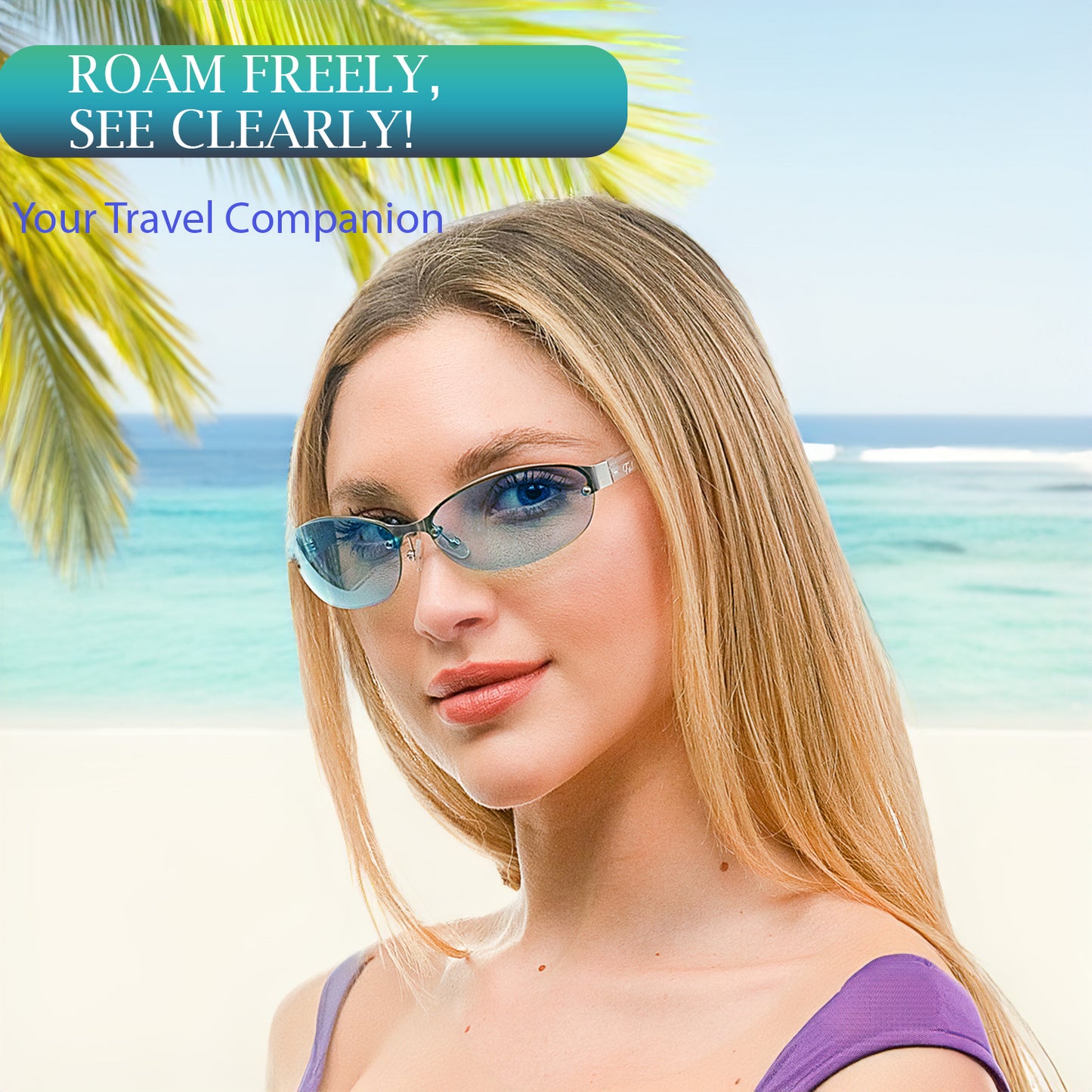 Semi-Rimless Azure Blue Tinted Wrap Sunglasses