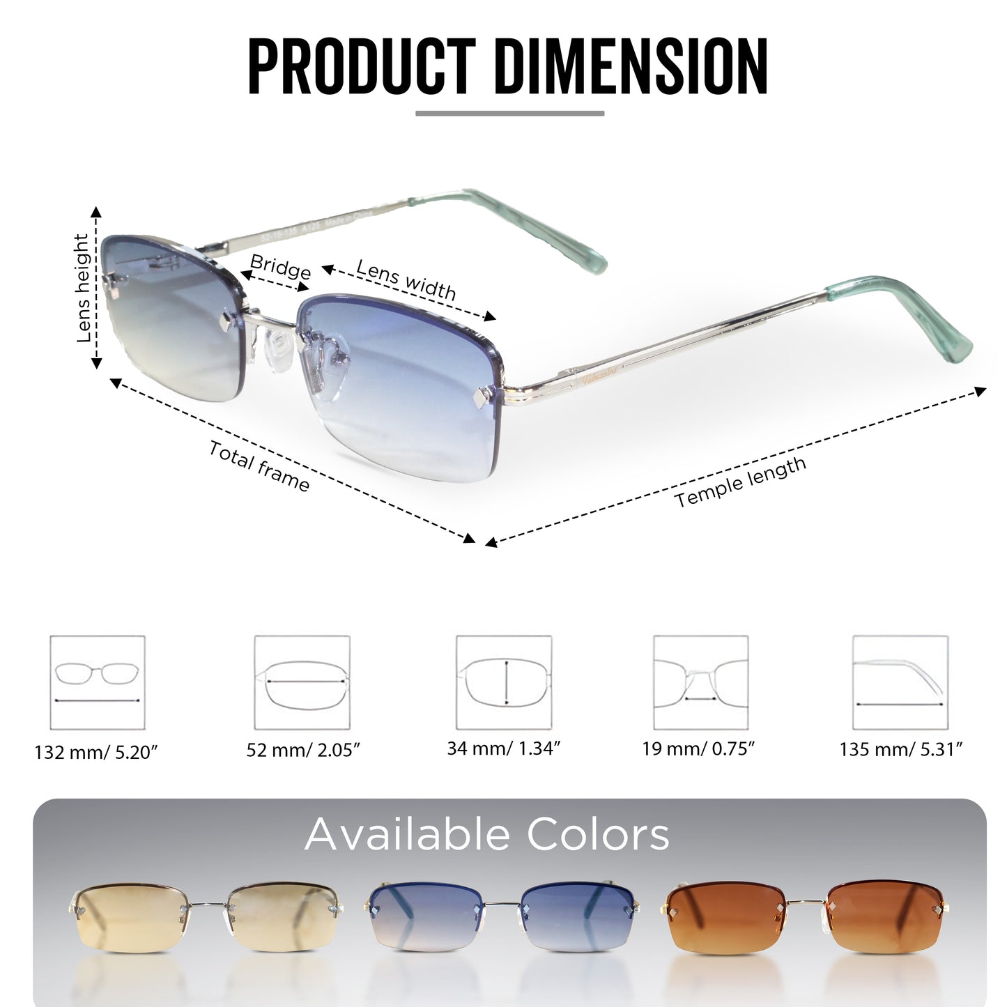 Retro Rimless Rectangle Color Sunglasses- Small