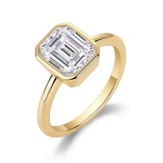 Asscher Shaped Moissanite Diamond Ring, Square Emerald Bezel Setting Wedding Band With 18K Gold Plated Over 925 Sterling Silver