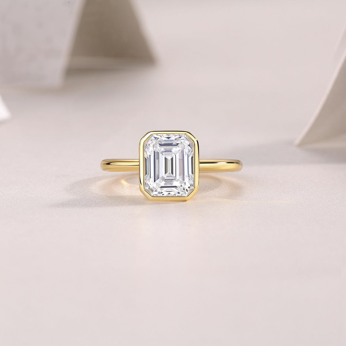 Asscher Shaped Moissanite Diamond Ring, Square Emerald Bezel Setting Wedding Band With 18K Gold Plated Over 925 Sterling Silver