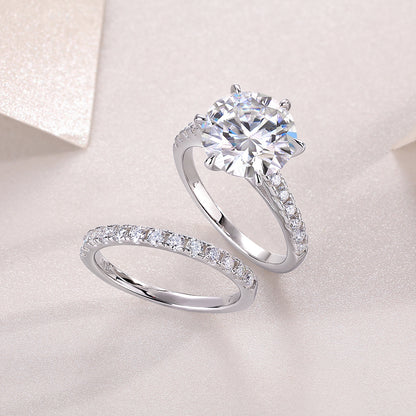 Stellar 5 Carat Round Classic Bridal Wedding Ring Set, Set of Paved Eternity Band and Round Cut Moissanite Diamond Engagement Ring