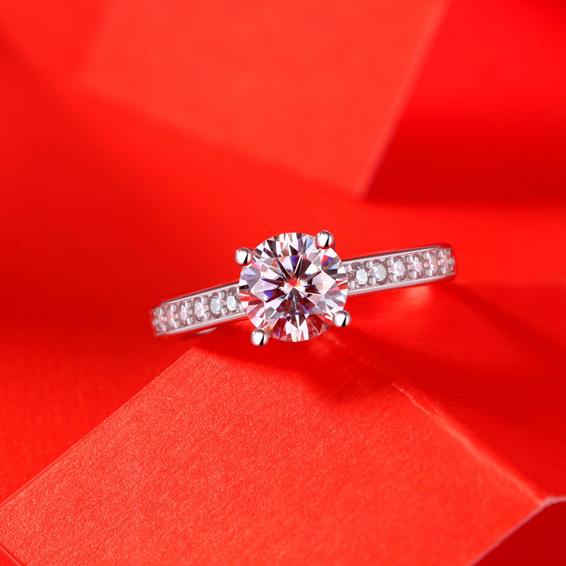 Floating Petal 2mm Width 1 Ct, 3 Ct Round Solitaire Moissanite Diamond Engagement Ring, 4 Prong Round Pavé engagement ring