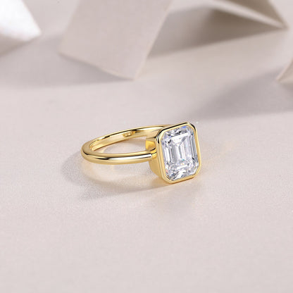 Asscher Shaped Moissanite Diamond Ring, Square Emerald Bezel Setting Wedding Band With 18K Gold Plated Over 925 Sterling Silver