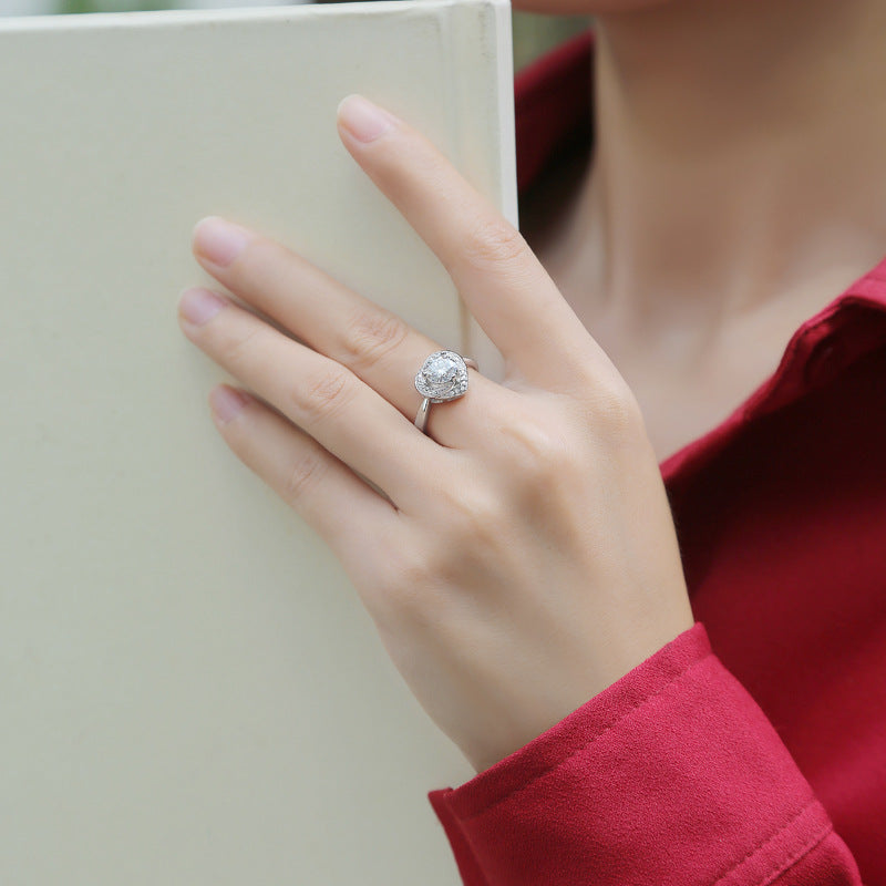 Flower Heart 1 Carat Round Halo Pavéd Ring, Gift for Valentine's Day