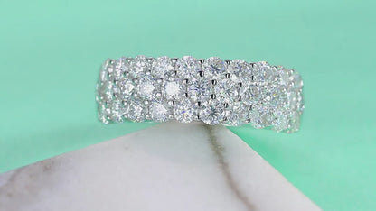 3 Row Paved Eternity Moissanite Diamond Wedding Band,  Triple Diamond Row Pavé Setting Eternity Anniversary Band